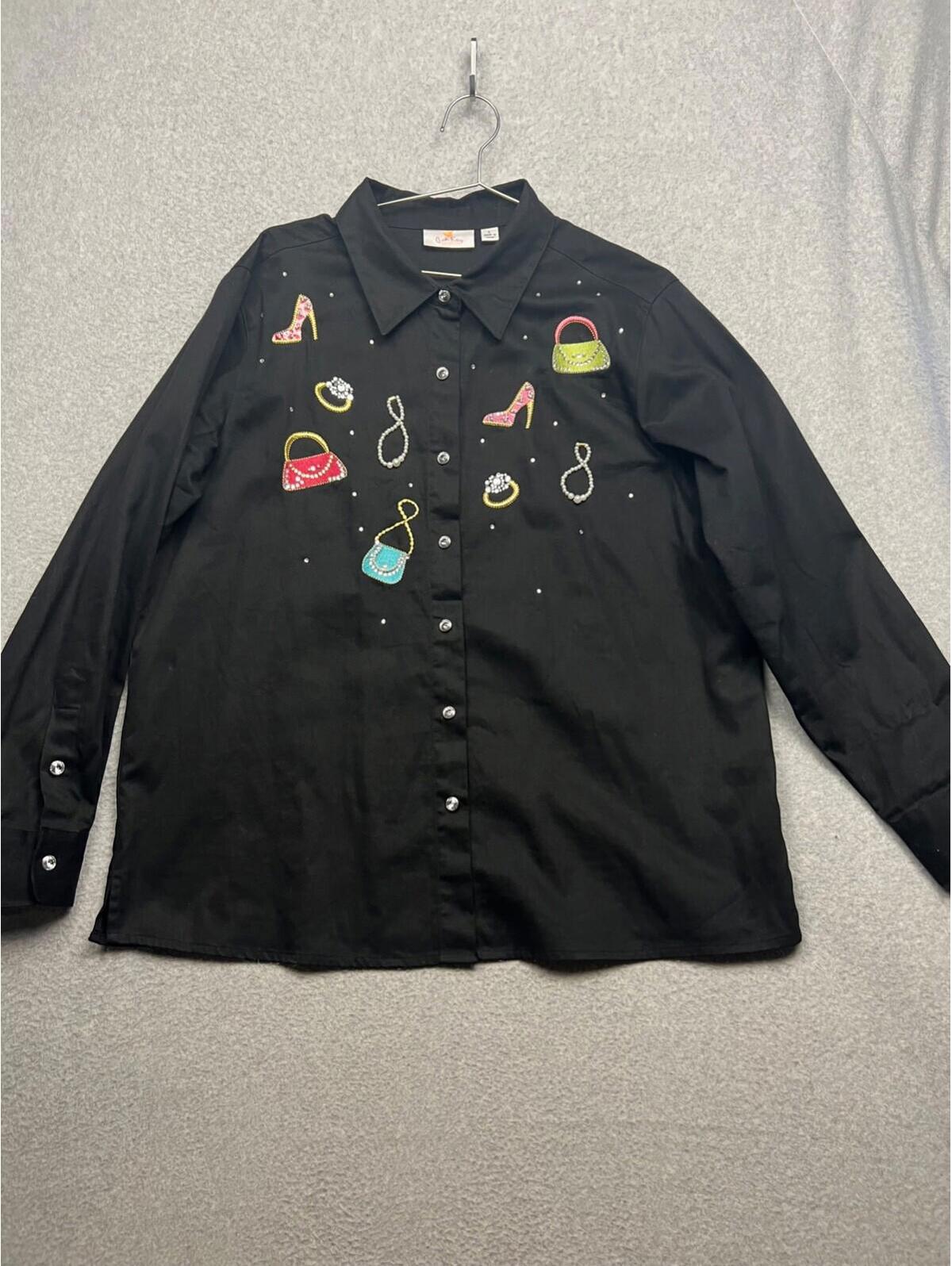 The Quacker Factory Beaded Embroidered Button Up Shirt Womens Size L